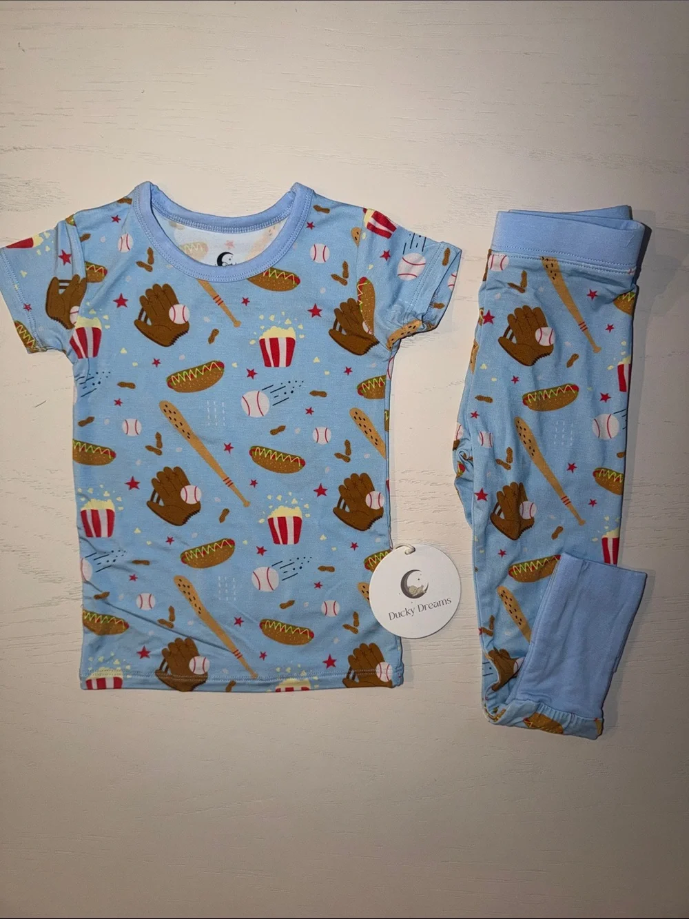 Ducky Dreams Blue Baseball & Snack Print Bamboo Pajama Set 3T 4T 5T